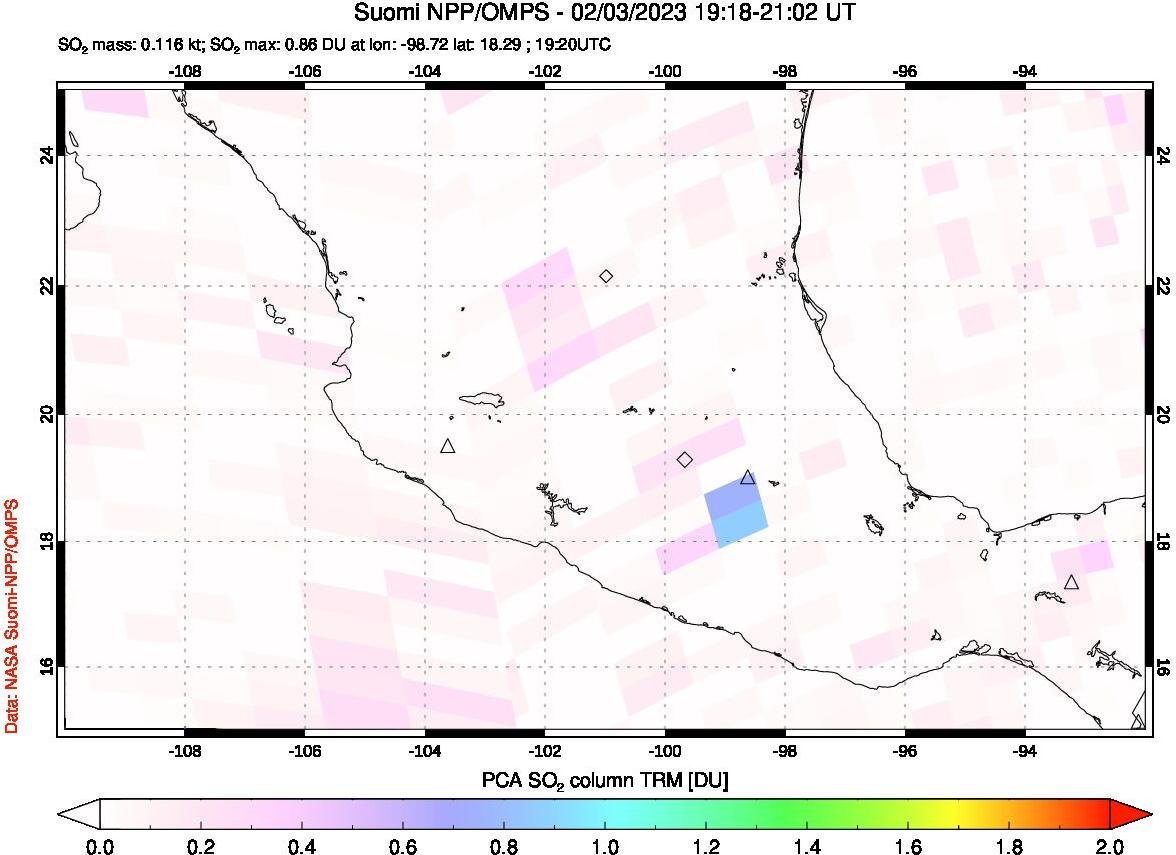 A sulfur dioxide image over Mexico on Feb 03, 2023.