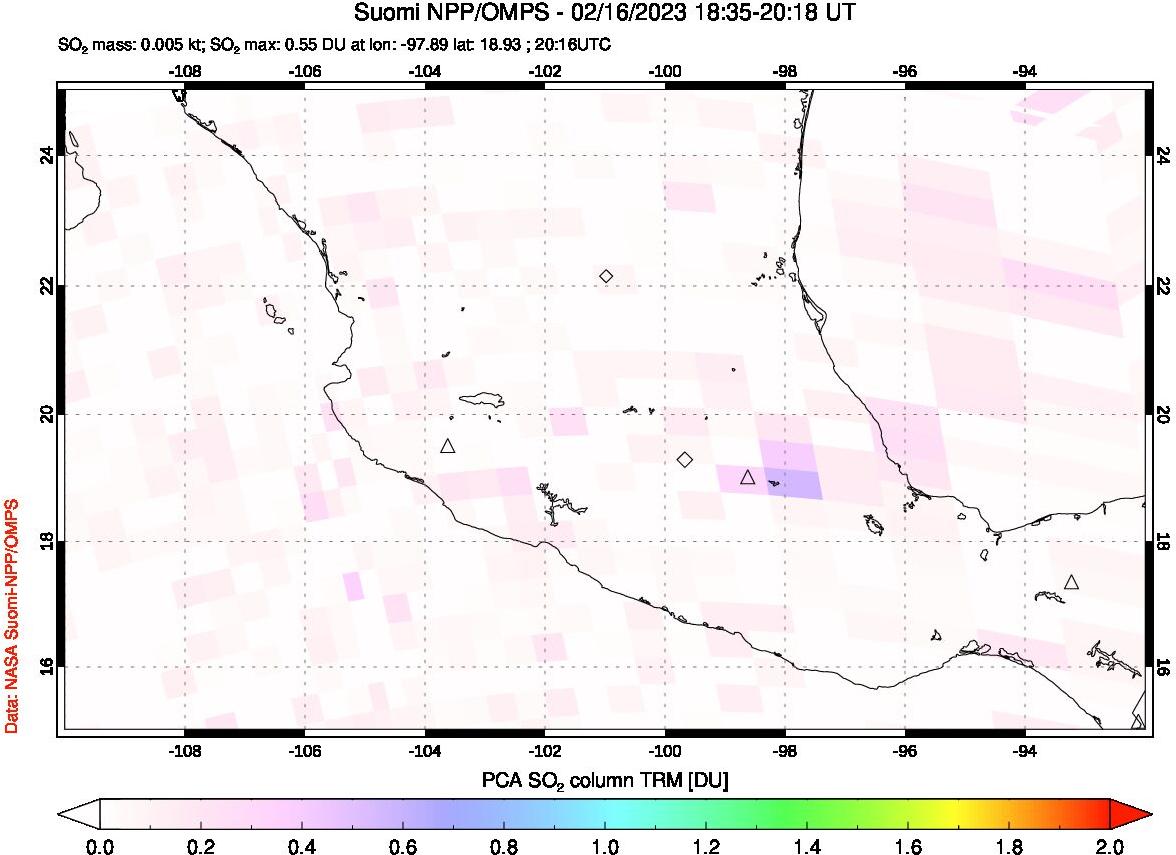 A sulfur dioxide image over Mexico on Feb 16, 2023.