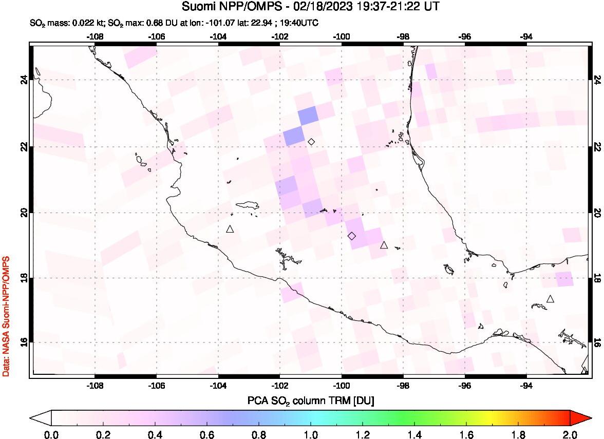 A sulfur dioxide image over Mexico on Feb 18, 2023.