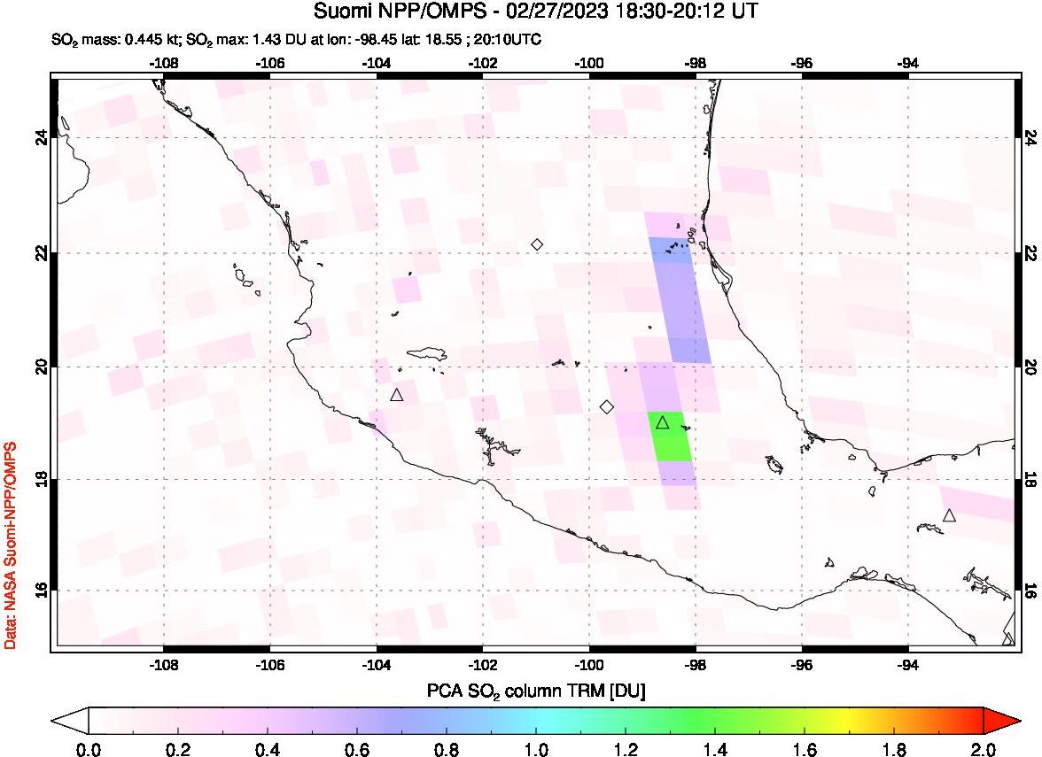 A sulfur dioxide image over Mexico on Feb 27, 2023.