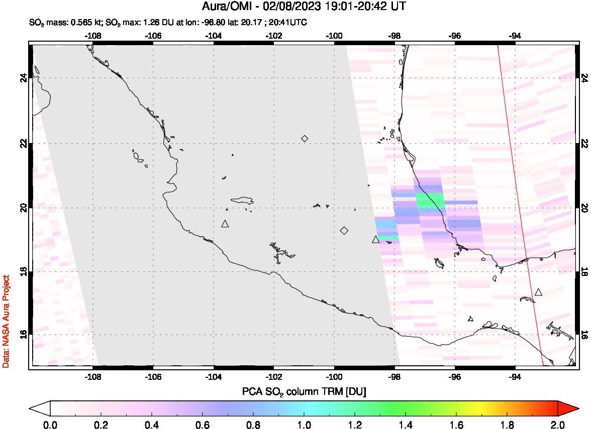 A sulfur dioxide image over Mexico on Feb 08, 2023.