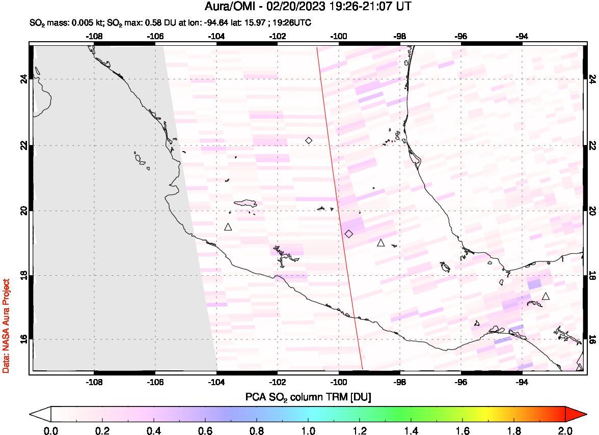 A sulfur dioxide image over Mexico on Feb 20, 2023.