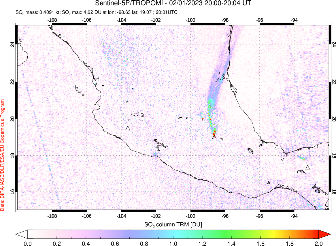 A sulfur dioxide image over Mexico on Feb 01, 2023.