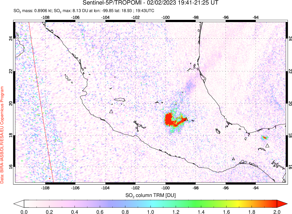 A sulfur dioxide image over Mexico on Feb 02, 2023.
