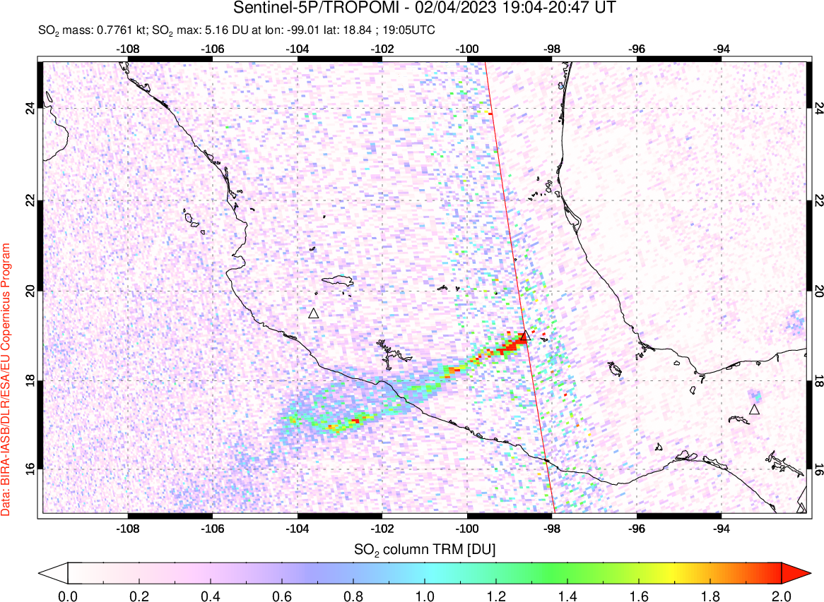A sulfur dioxide image over Mexico on Feb 04, 2023.