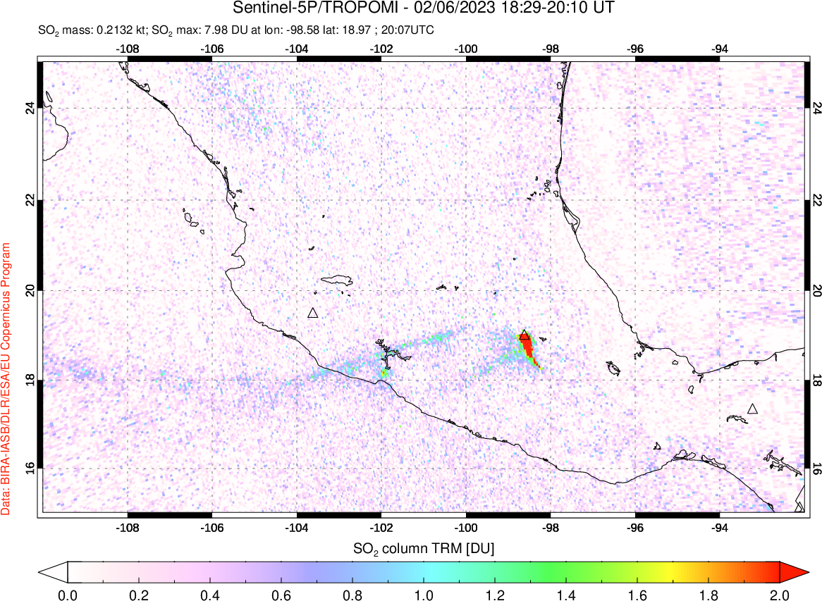 A sulfur dioxide image over Mexico on Feb 06, 2023.