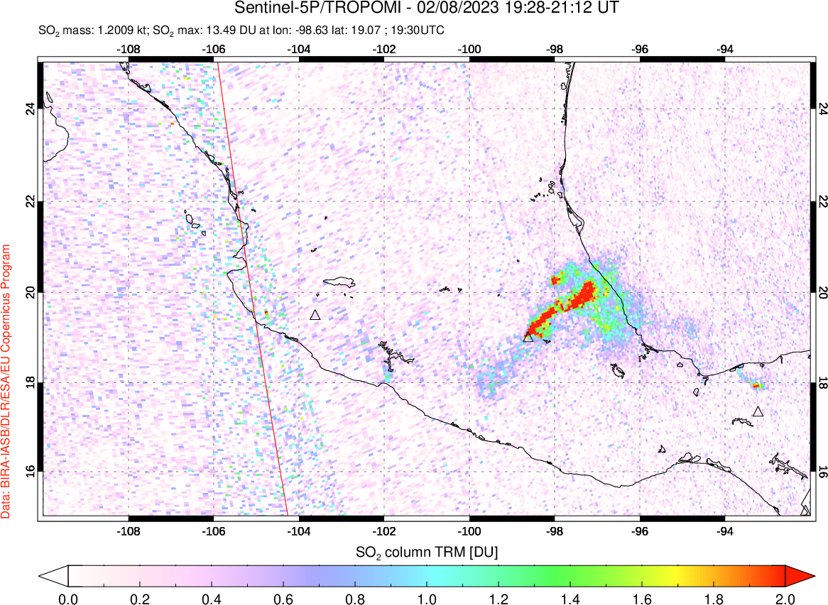 A sulfur dioxide image over Mexico on Feb 08, 2023.