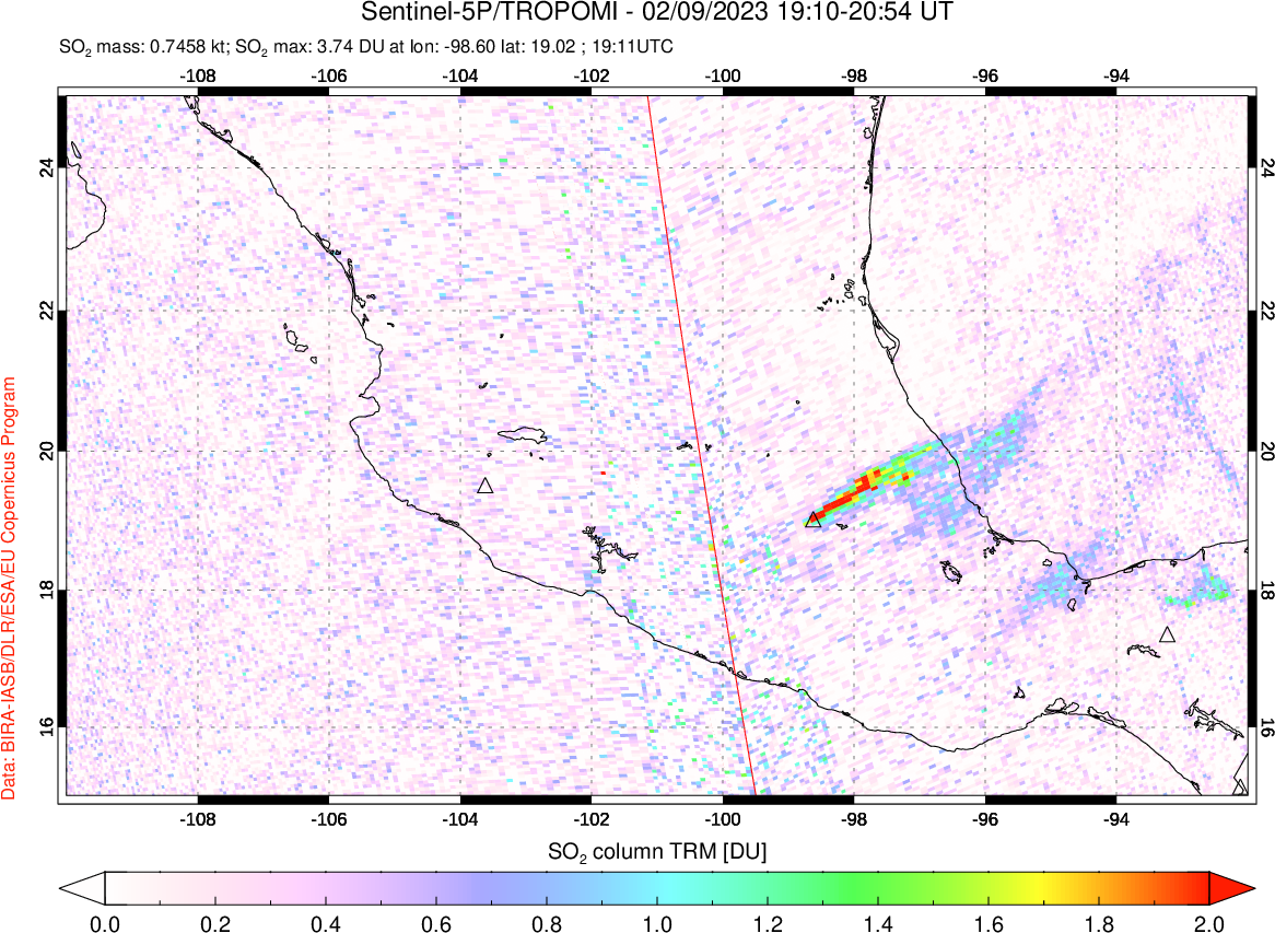 A sulfur dioxide image over Mexico on Feb 09, 2023.