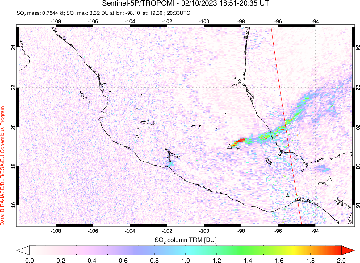 A sulfur dioxide image over Mexico on Feb 10, 2023.
