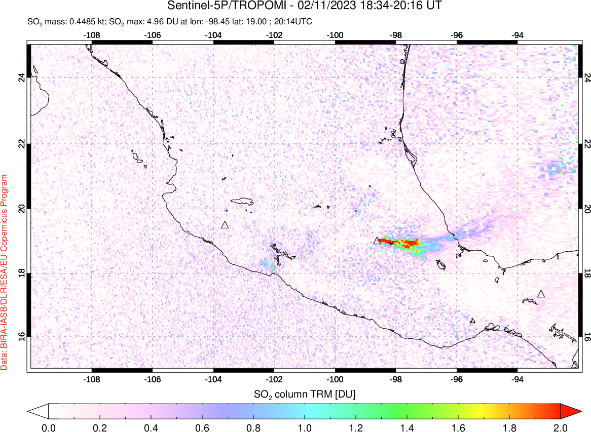 A sulfur dioxide image over Mexico on Feb 11, 2023.
