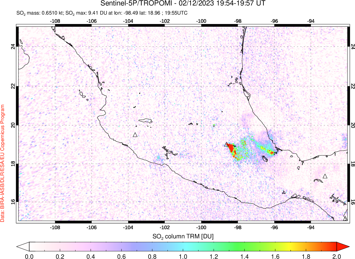 A sulfur dioxide image over Mexico on Feb 12, 2023.