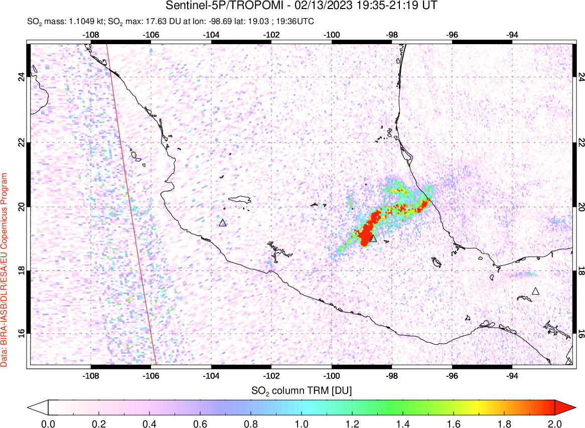 A sulfur dioxide image over Mexico on Feb 13, 2023.