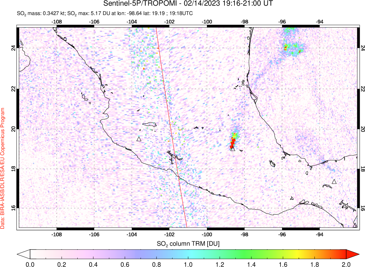 A sulfur dioxide image over Mexico on Feb 14, 2023.