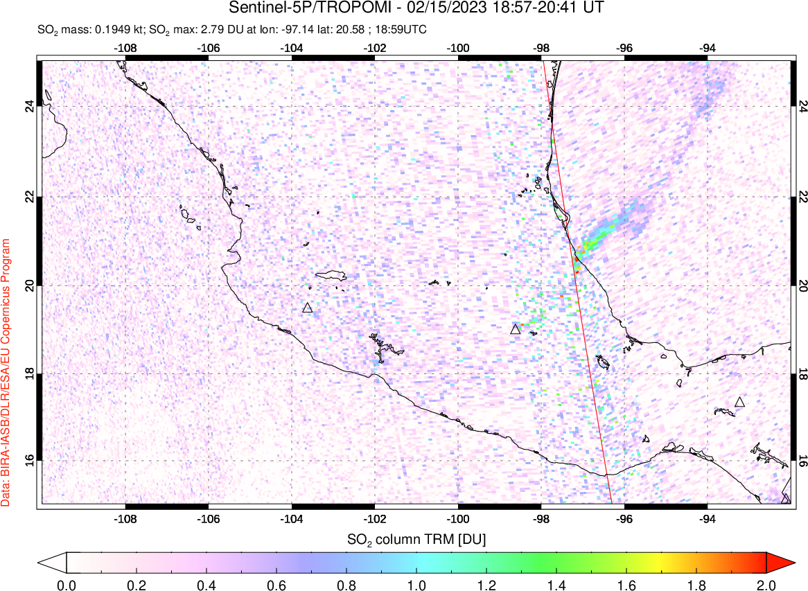 A sulfur dioxide image over Mexico on Feb 15, 2023.