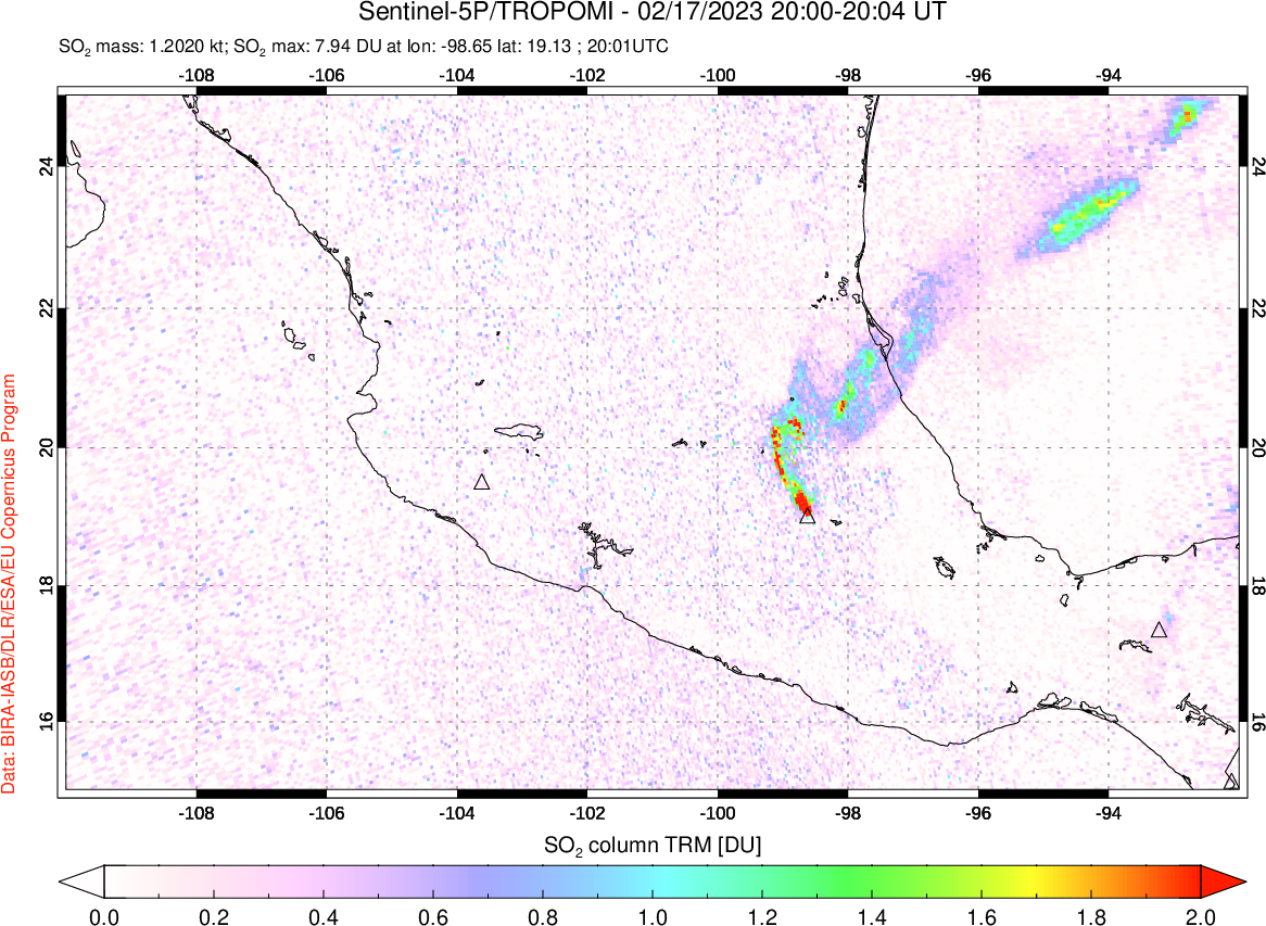 A sulfur dioxide image over Mexico on Feb 17, 2023.