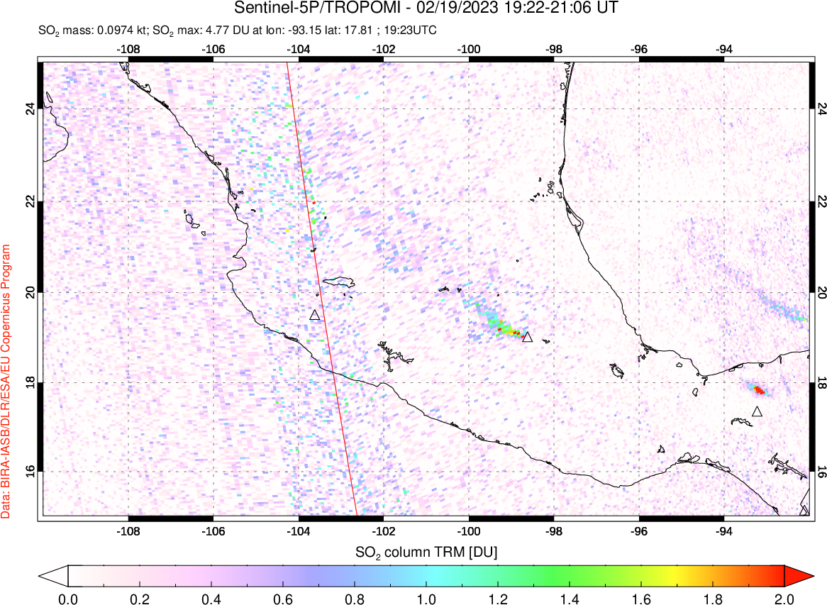 A sulfur dioxide image over Mexico on Feb 19, 2023.