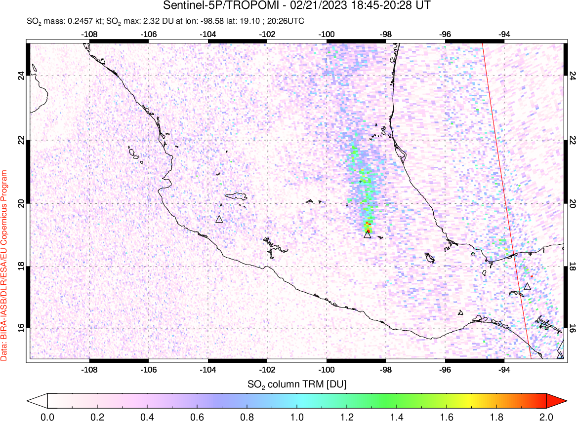 A sulfur dioxide image over Mexico on Feb 21, 2023.