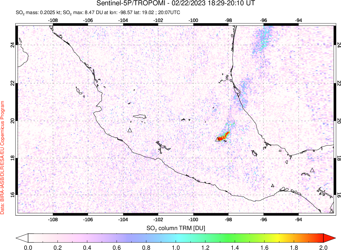 A sulfur dioxide image over Mexico on Feb 22, 2023.