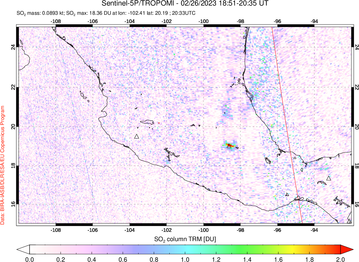 A sulfur dioxide image over Mexico on Feb 26, 2023.