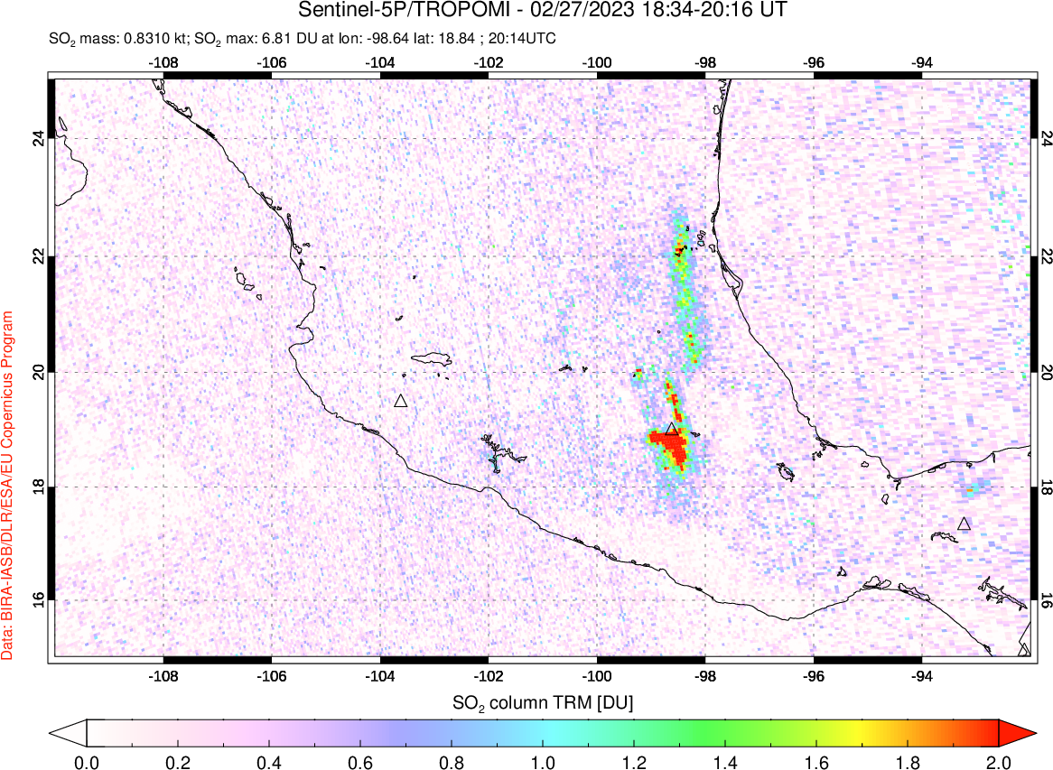 A sulfur dioxide image over Mexico on Feb 27, 2023.