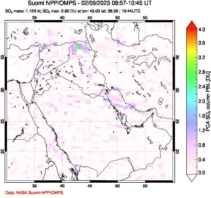 A sulfur dioxide image over Middle East on Feb 09, 2023.