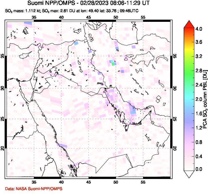 A sulfur dioxide image over Middle East on Feb 28, 2023.