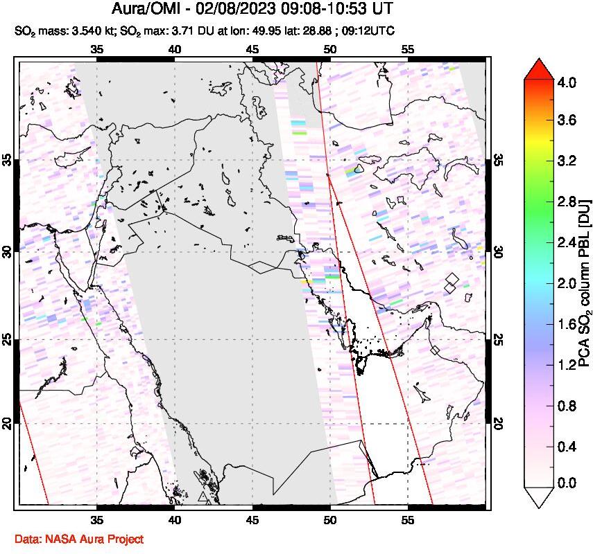 A sulfur dioxide image over Middle East on Feb 08, 2023.
