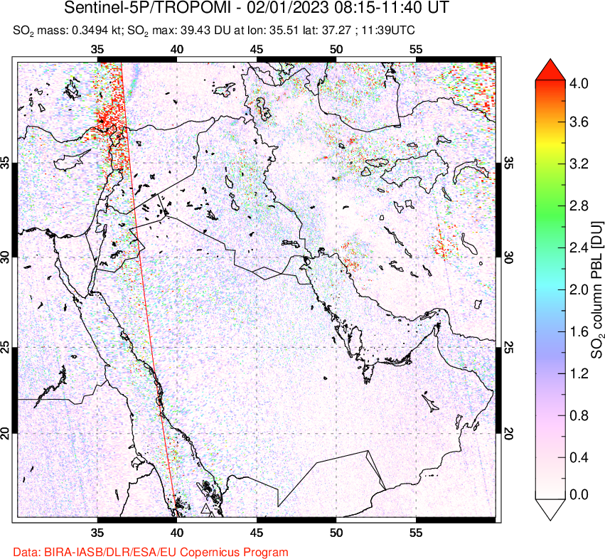 A sulfur dioxide image over Middle East on Feb 01, 2023.