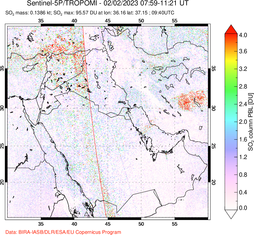 A sulfur dioxide image over Middle East on Feb 02, 2023.