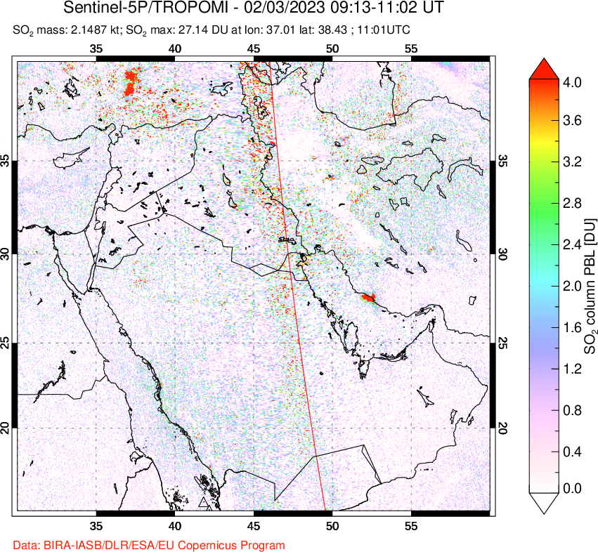 A sulfur dioxide image over Middle East on Feb 03, 2023.