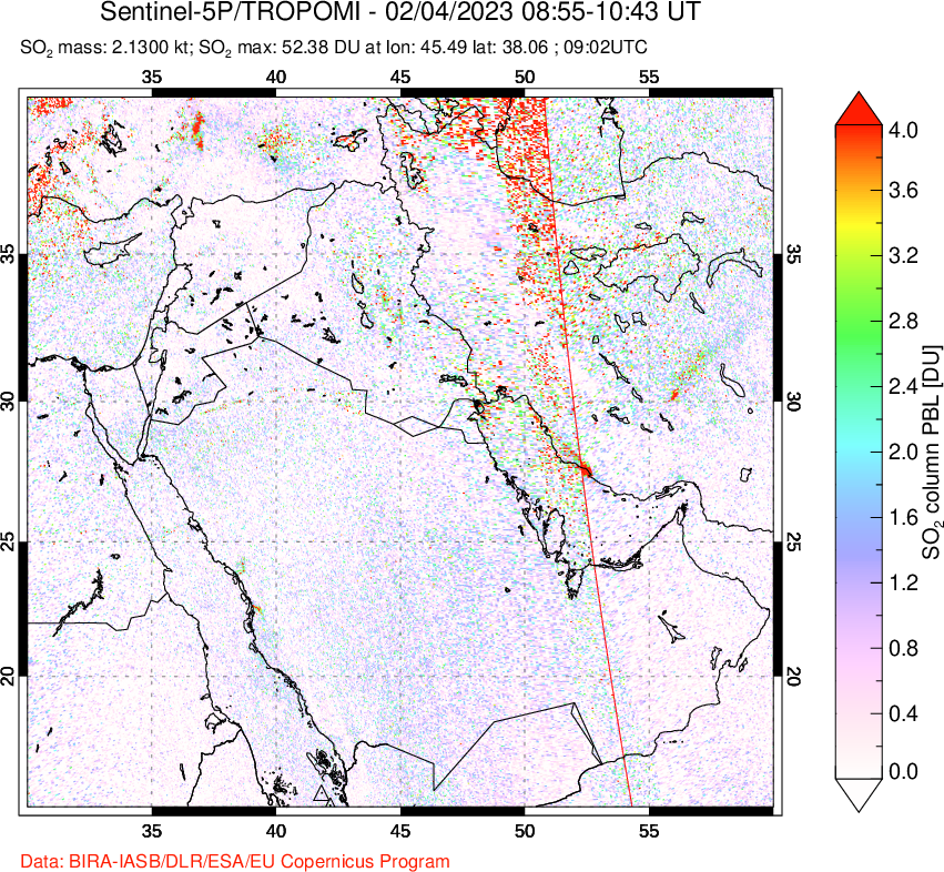 A sulfur dioxide image over Middle East on Feb 04, 2023.
