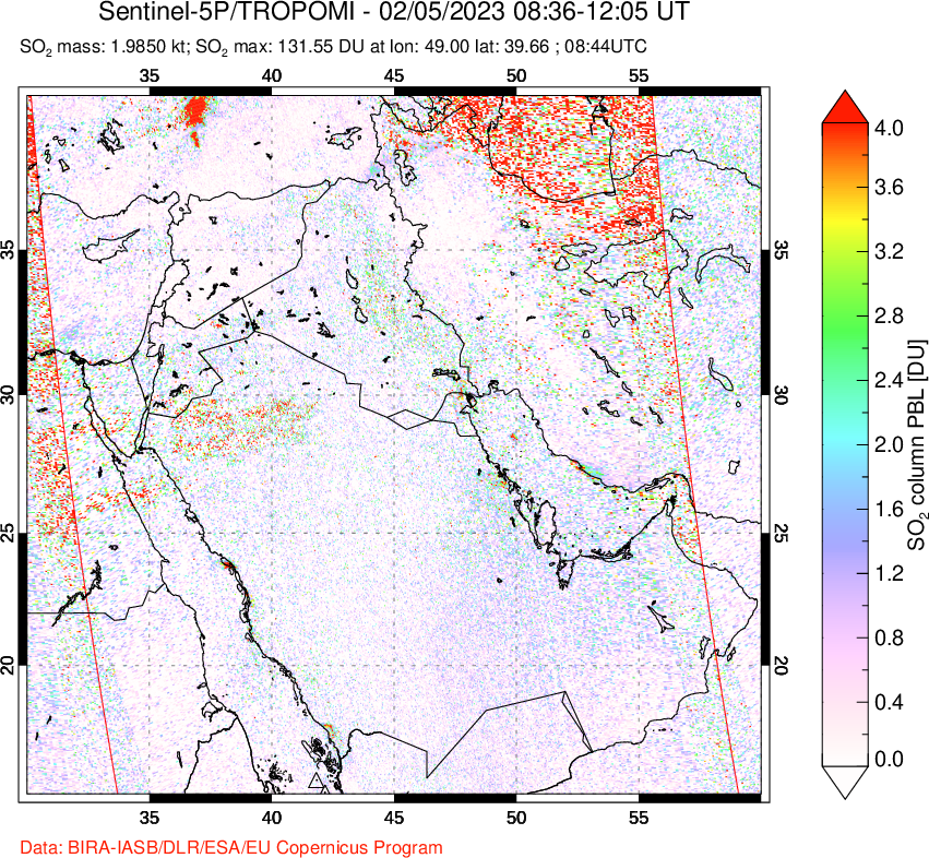 A sulfur dioxide image over Middle East on Feb 05, 2023.