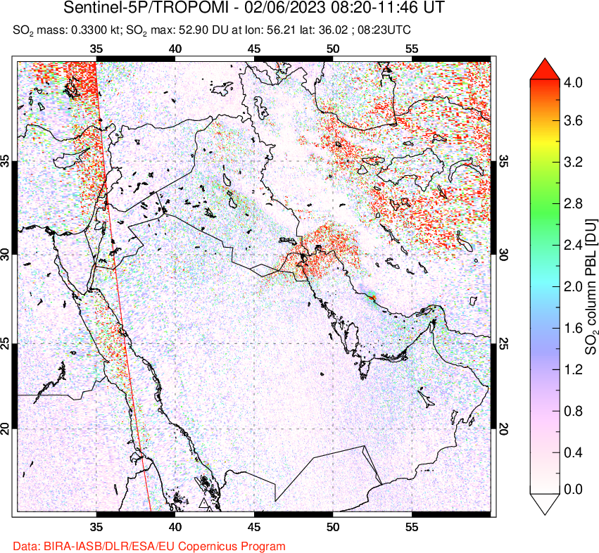A sulfur dioxide image over Middle East on Feb 06, 2023.