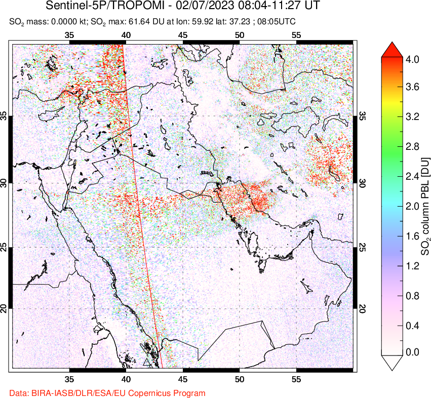 A sulfur dioxide image over Middle East on Feb 07, 2023.