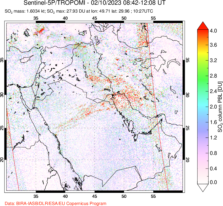 A sulfur dioxide image over Middle East on Feb 10, 2023.