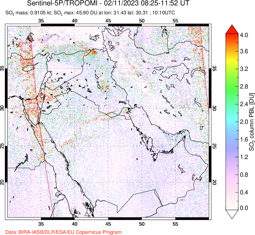 A sulfur dioxide image over Middle East on Feb 11, 2023.