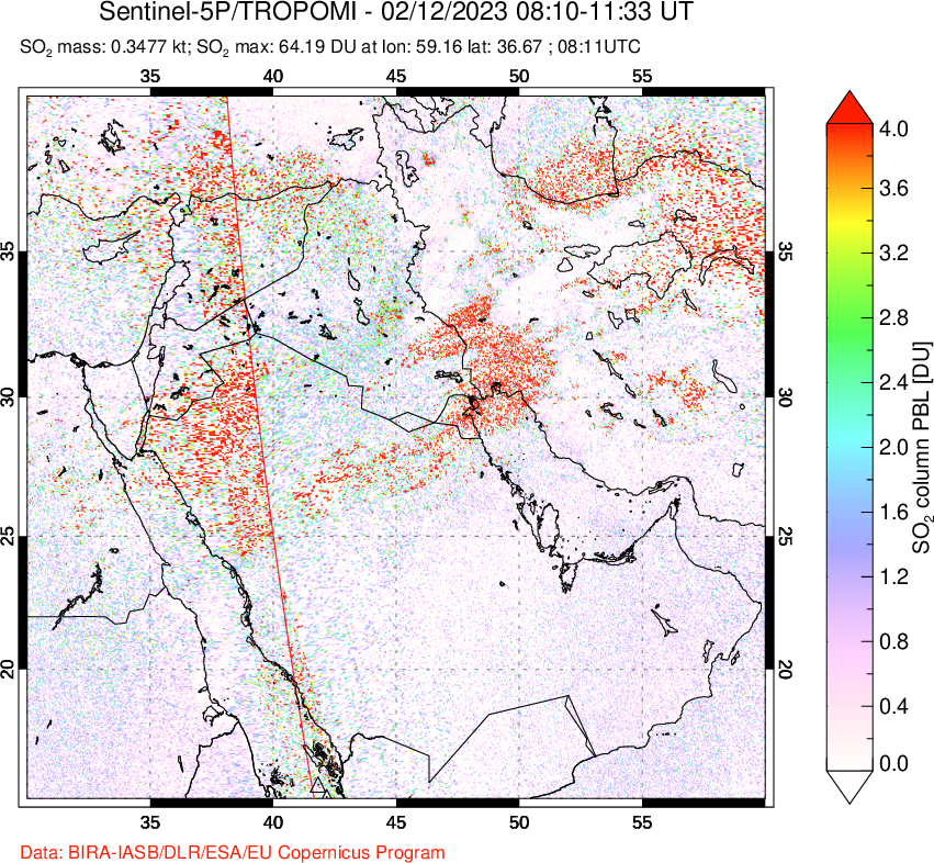 A sulfur dioxide image over Middle East on Feb 12, 2023.