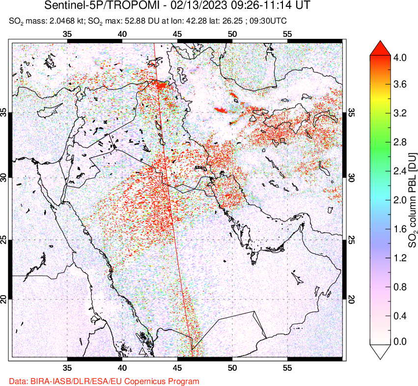 A sulfur dioxide image over Middle East on Feb 13, 2023.