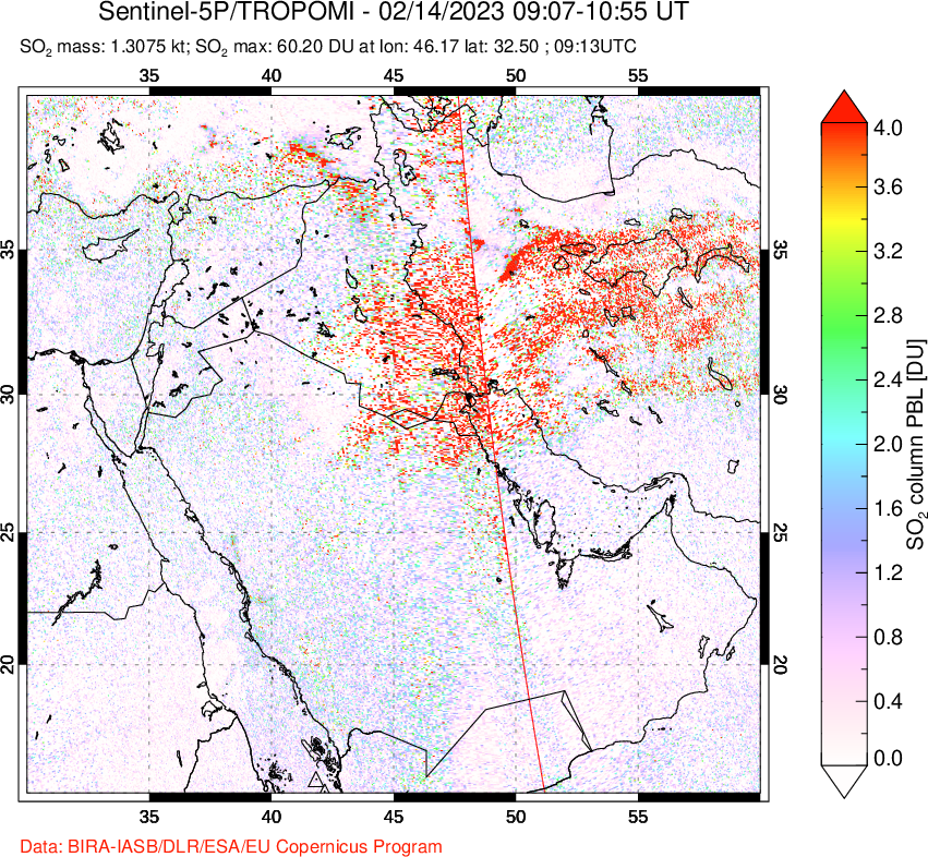 A sulfur dioxide image over Middle East on Feb 14, 2023.