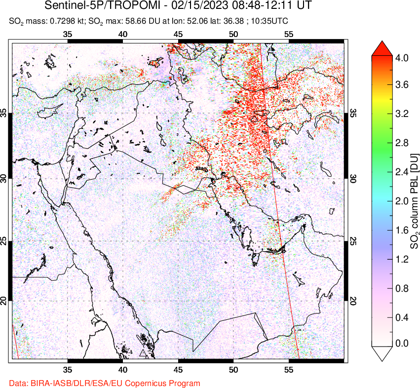 A sulfur dioxide image over Middle East on Feb 15, 2023.