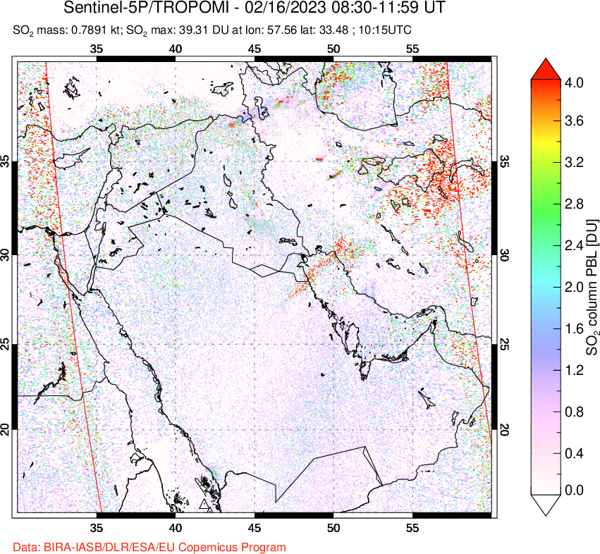 A sulfur dioxide image over Middle East on Feb 16, 2023.