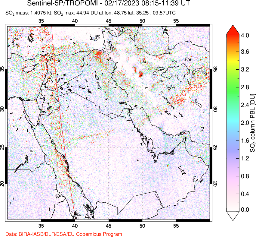 A sulfur dioxide image over Middle East on Feb 17, 2023.