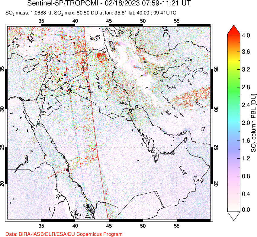 A sulfur dioxide image over Middle East on Feb 18, 2023.