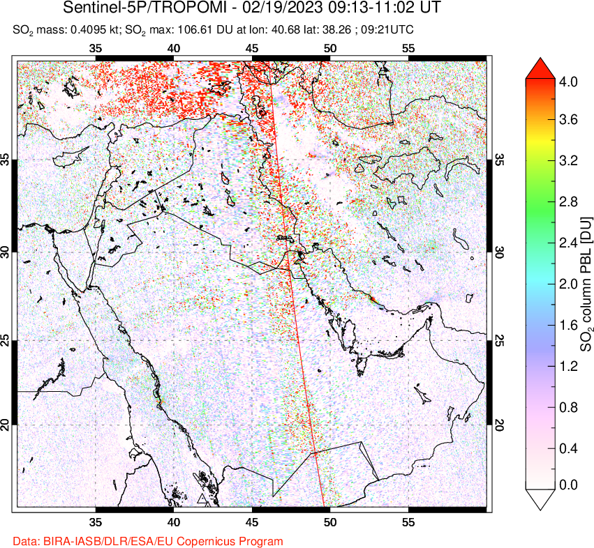 A sulfur dioxide image over Middle East on Feb 19, 2023.