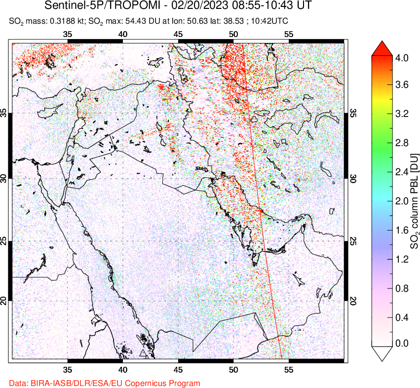 A sulfur dioxide image over Middle East on Feb 20, 2023.