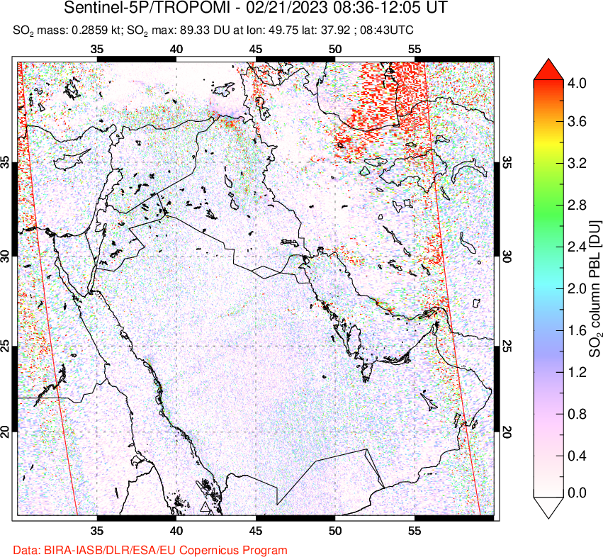 A sulfur dioxide image over Middle East on Feb 21, 2023.