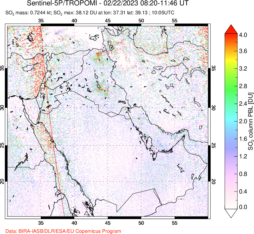 A sulfur dioxide image over Middle East on Feb 22, 2023.