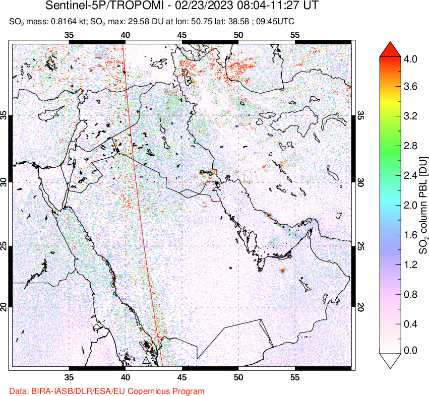 A sulfur dioxide image over Middle East on Feb 23, 2023.
