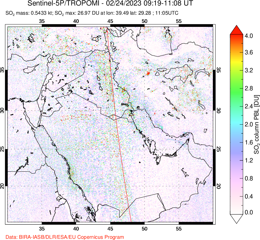 A sulfur dioxide image over Middle East on Feb 24, 2023.