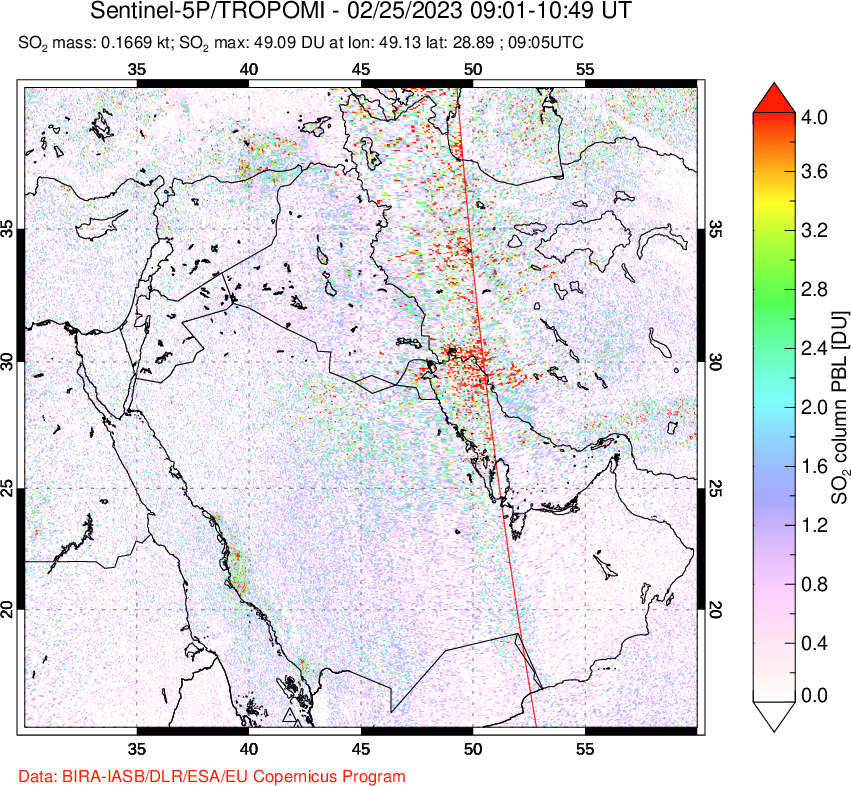 A sulfur dioxide image over Middle East on Feb 25, 2023.